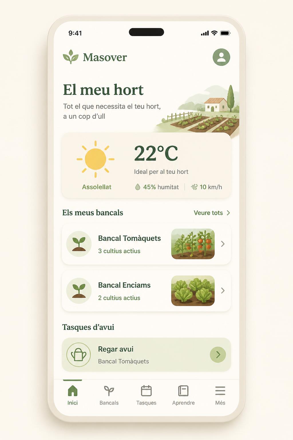 Captura de Masover: dashboard amb meteorologia, bancals i tasques del dia